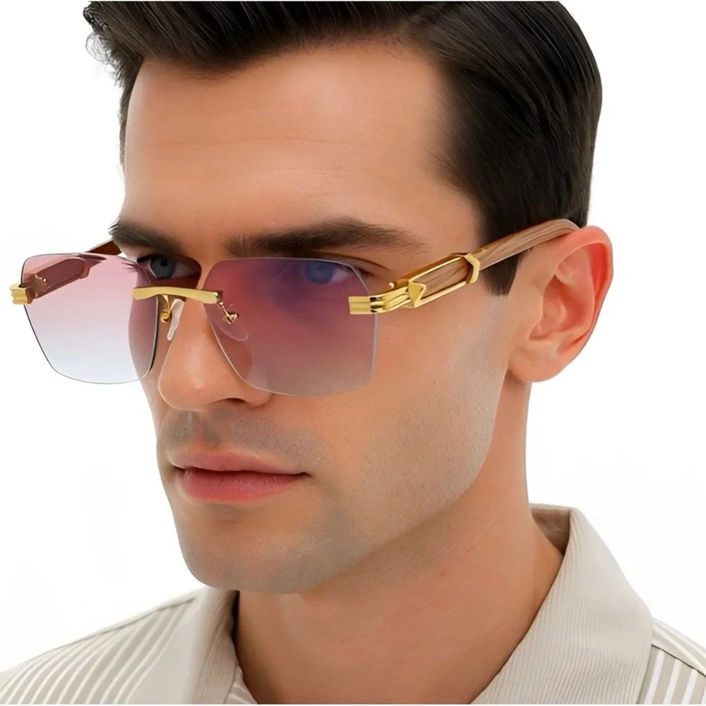 Rimless Sunglasses Men Fashion Shades Wood Grain Arm Pink Lens Retro Lentes 2026